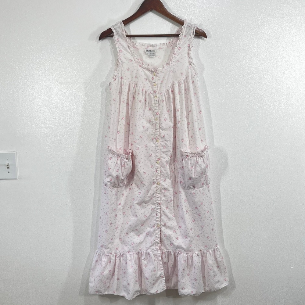 Vtg.Miss Elaine Cotton Housecoat Duster Dress Small Pink Floral Ruffle Sleepwear